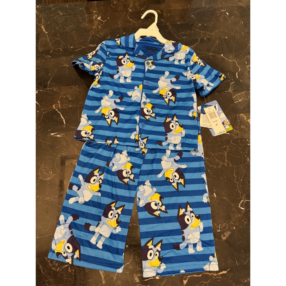 4T Bluey Boys 2 Piece Pajama Set Blue Striped Button Down Shirt Pants NWT